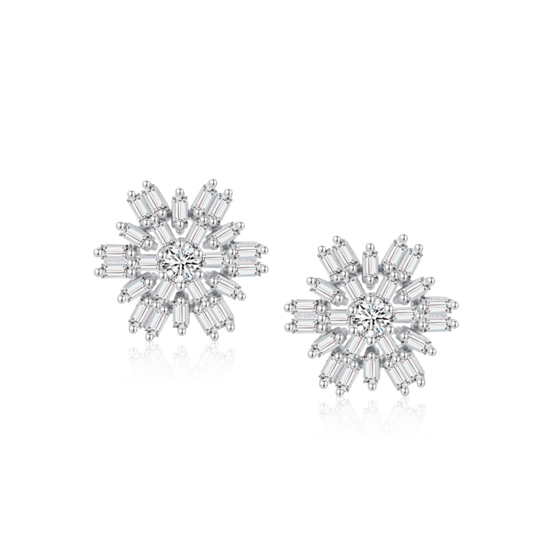 Sterling Silver Baguette Snowflake Stud Earrings - HK Jewels