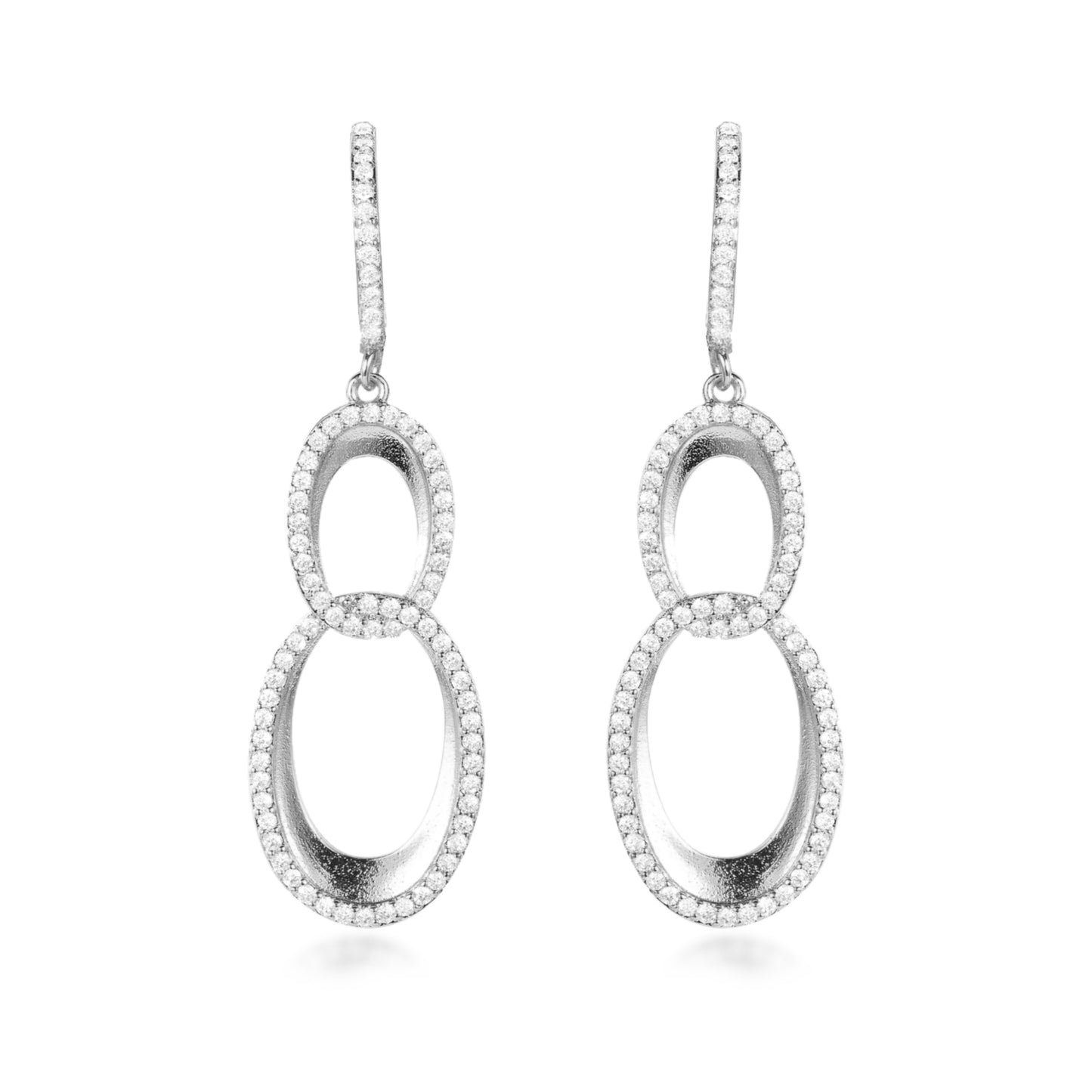 Sterling Silver Double Oval Micropave Link Earrings - HK Jewels