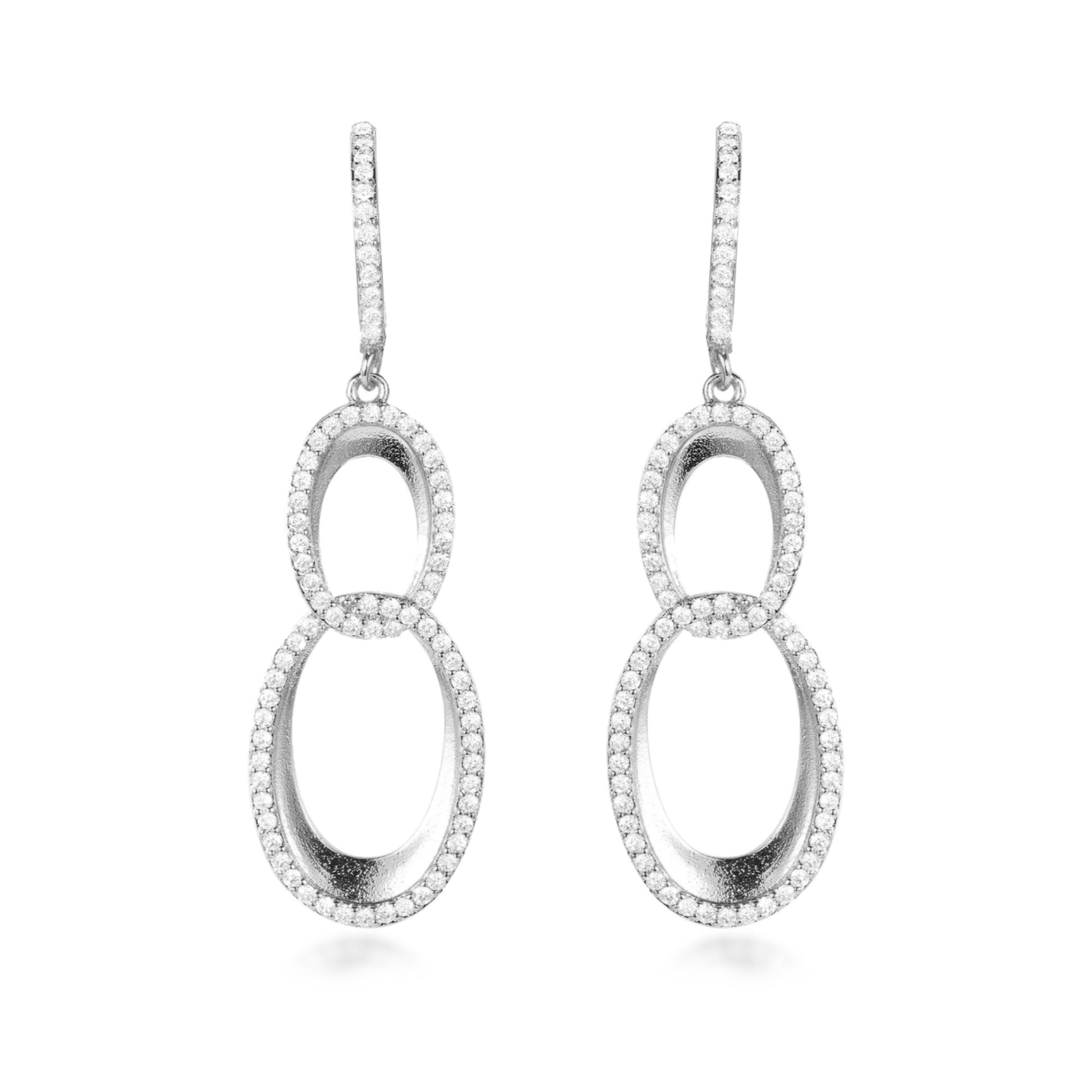 Sterling Silver Double Oval Micropave Link Earrings - HK Jewels