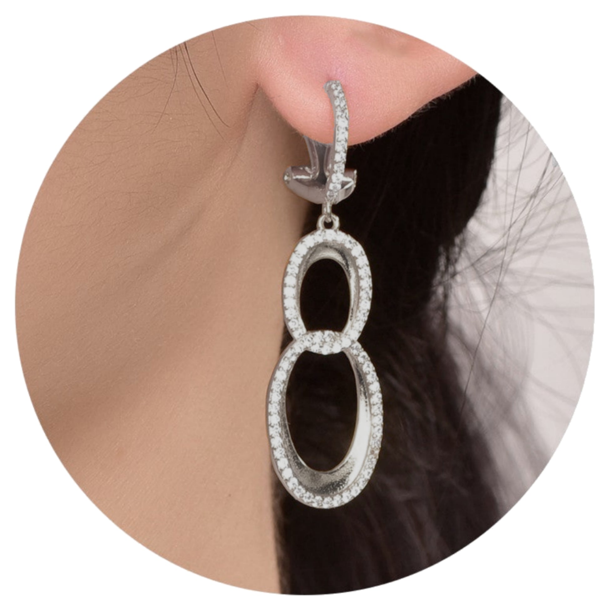 Sterling Silver Double Oval Micropave Link Earrings - HK Jewels