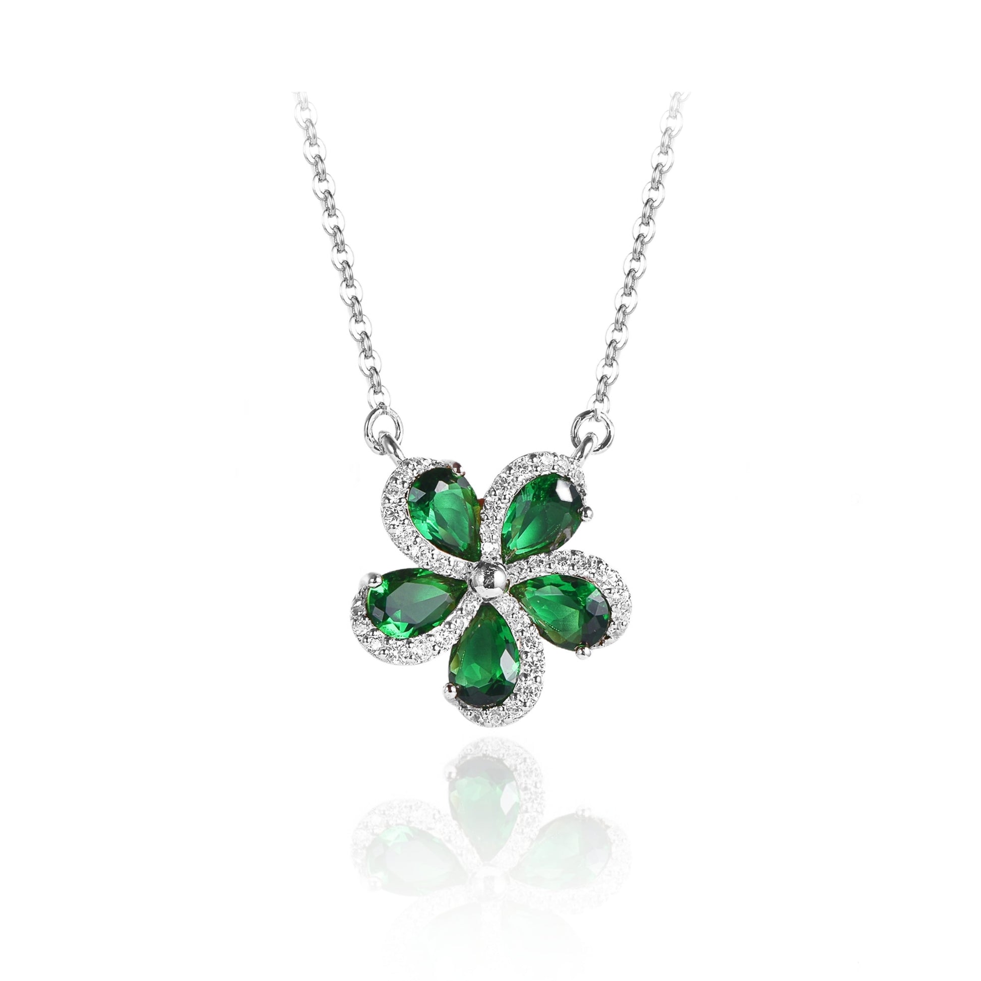 Rhodium Plated Sterling Silver 5 Color Stone Petal Micropave Swirl Flower Necklace - HK Jewels