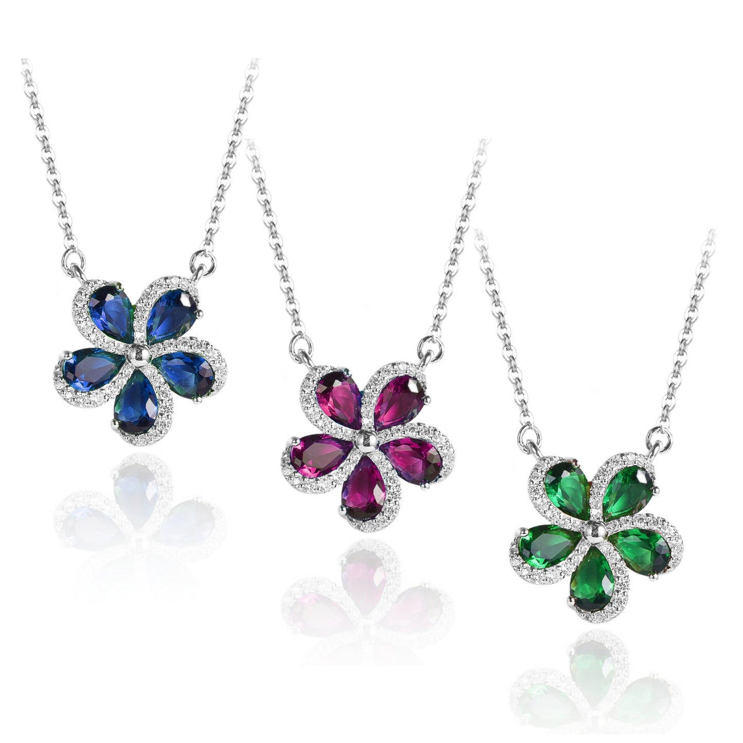 Rhodium Plated Sterling Silver 5 Color Stone Petal Micropave Swirl Flower Necklace - HK Jewels