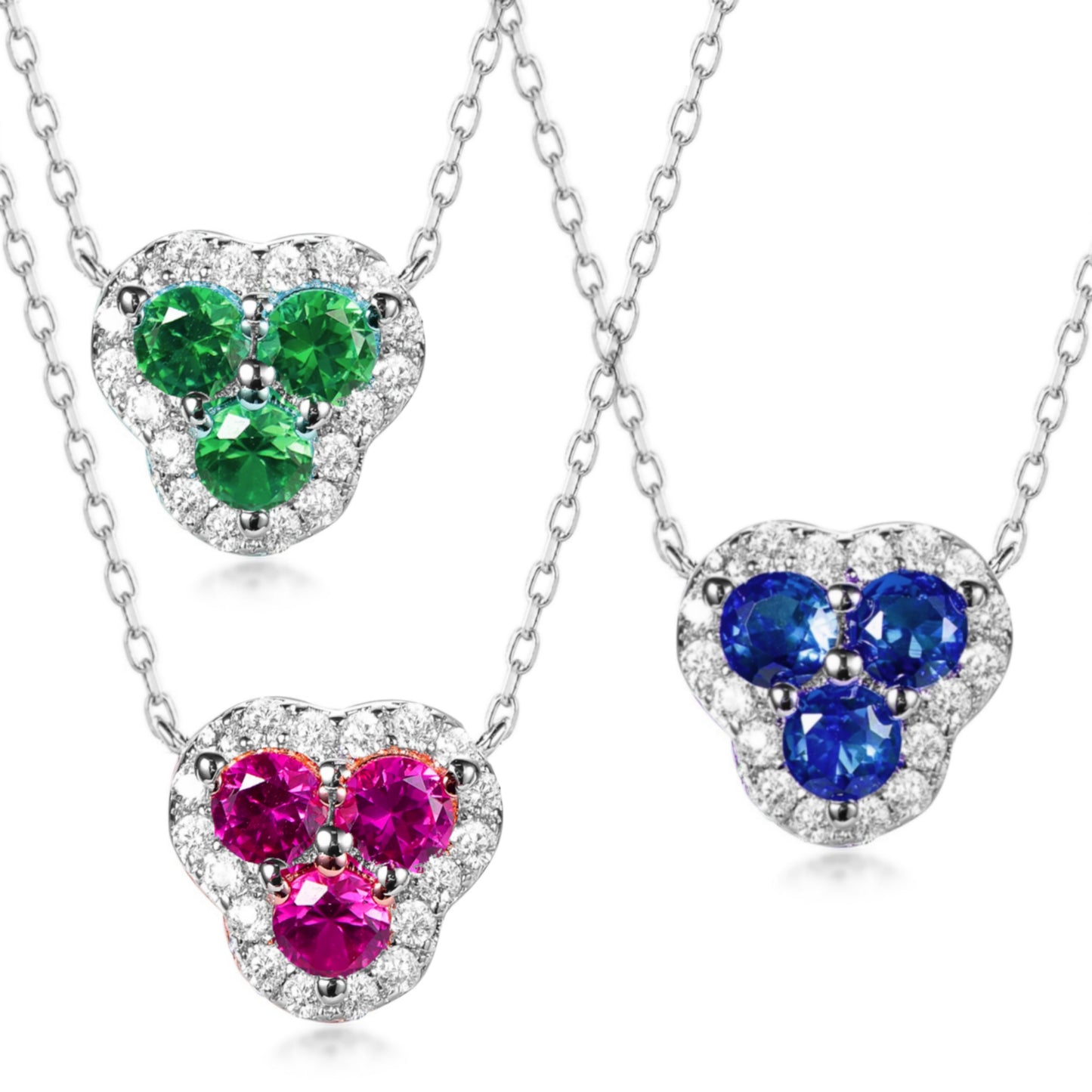 Rhodium Plated Sterling Silver 3 Stone Necklace - HK Jewels