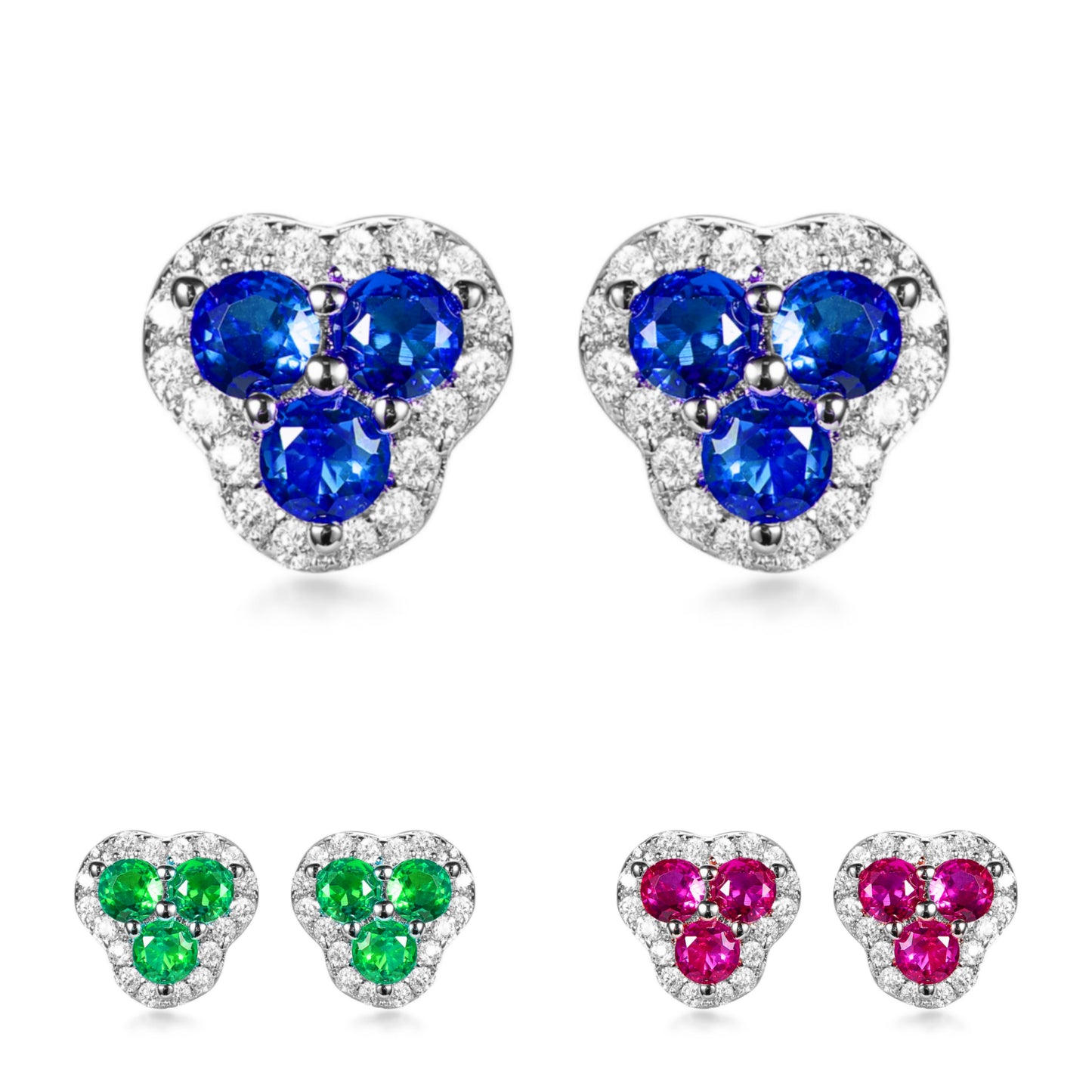 Rhodium Plated Sterling Silver 3 Stone Stud earrings - HK Jewels