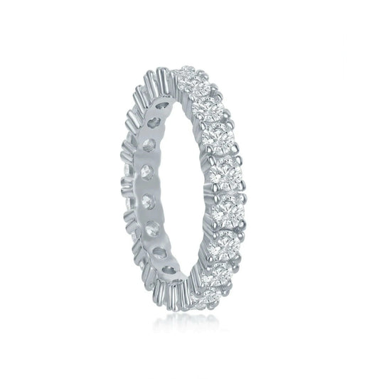 Rhodium Plated Sterling Silver Four Prong 3mm CZ Eternity Band Ring