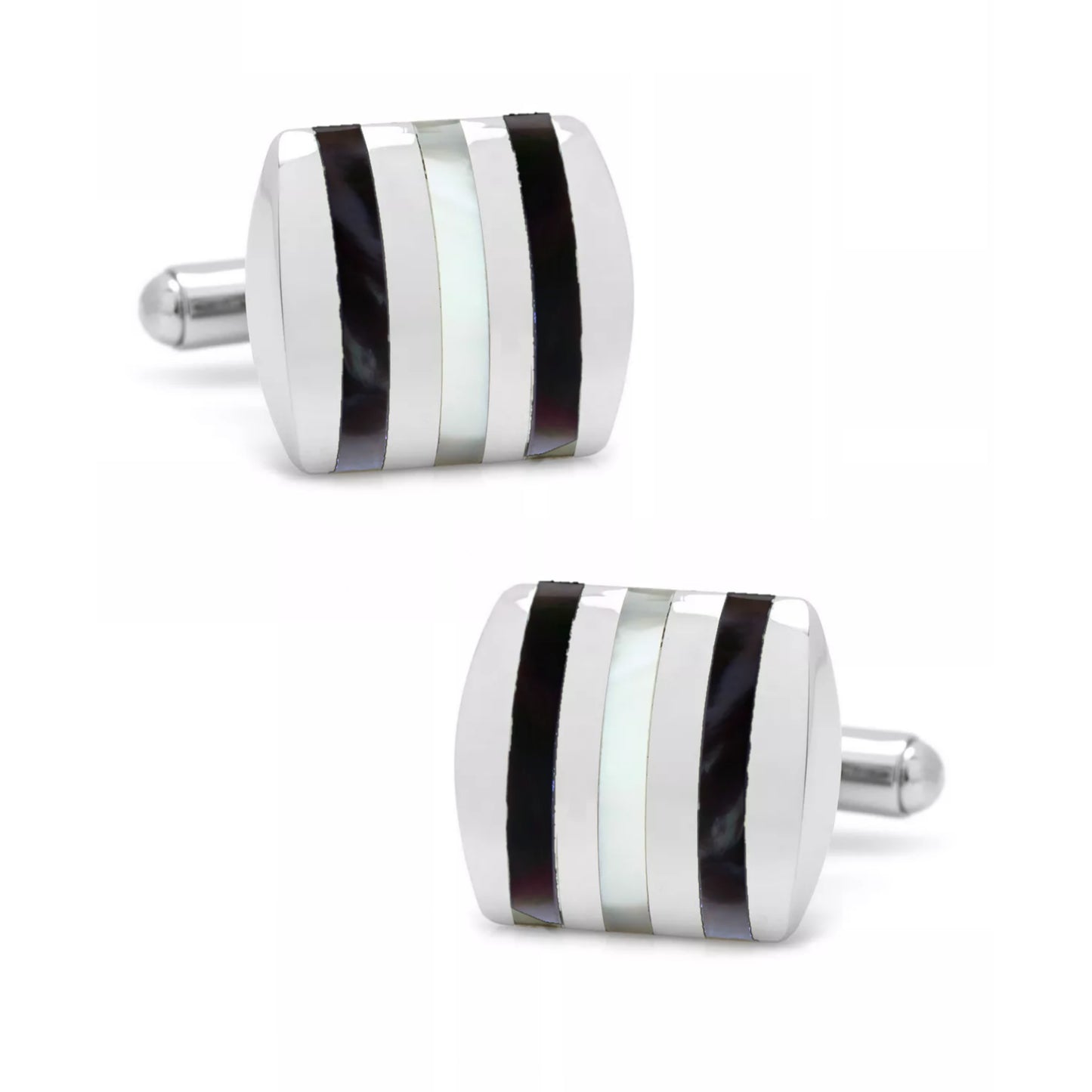 Rhodium Plated Sterling Silver Mother of Pearl/Black Onyx and Striped Cufflinks