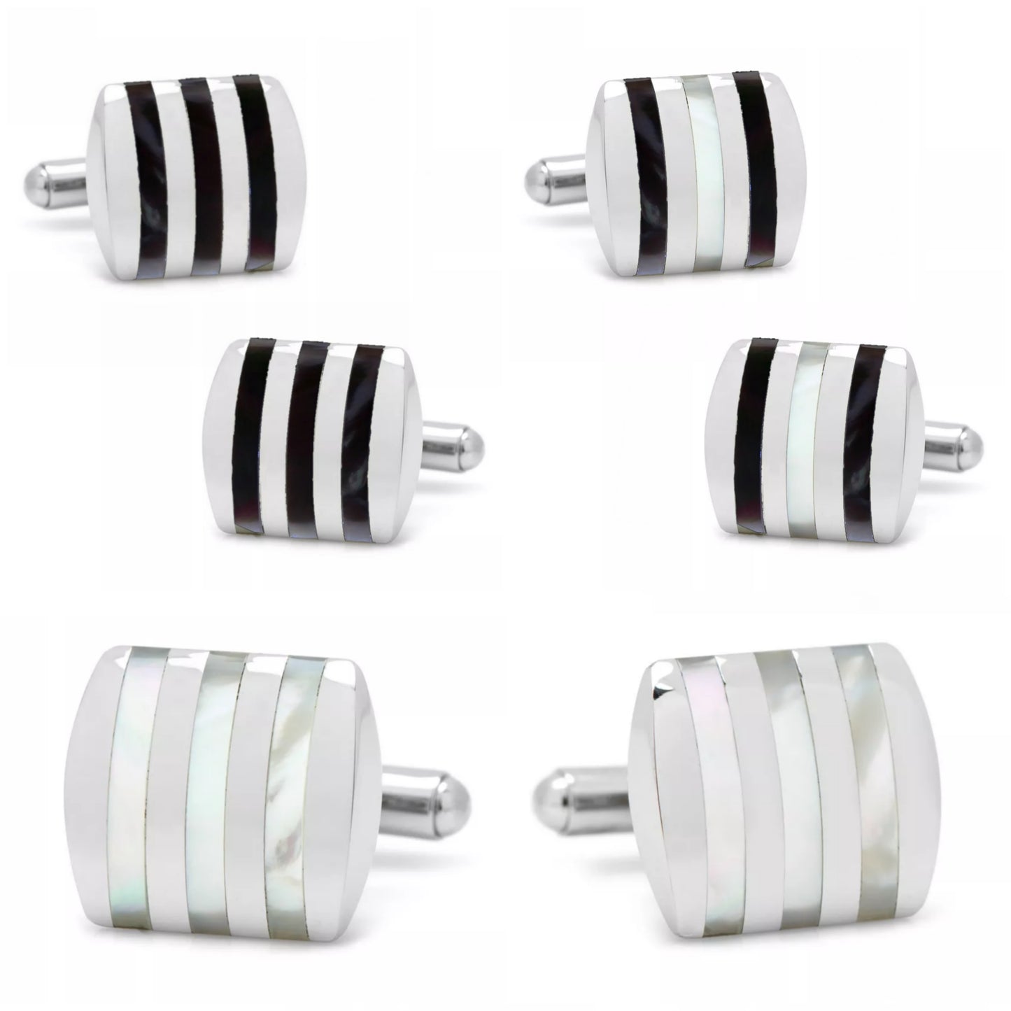 Rhodium Plated Sterling Silver Mother of Pearl/Black Onyx and Striped Cufflinks