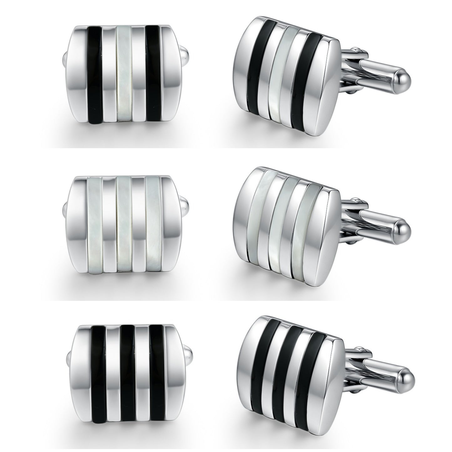 Rhodium Plated Sterling Silver Mother of Pearl/Black Onyx and Striped Cufflinks
