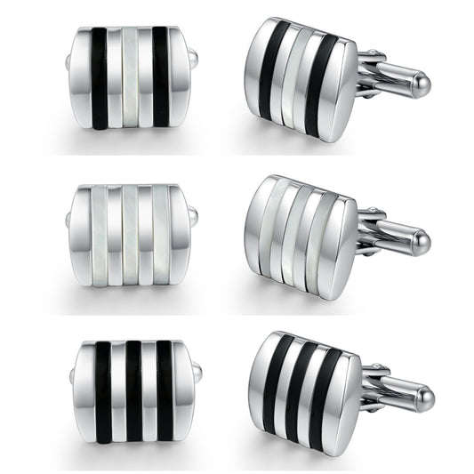 Rhodium Plated Sterling Silver Mother of Pearl/Black Onyx and Striped Cufflinks