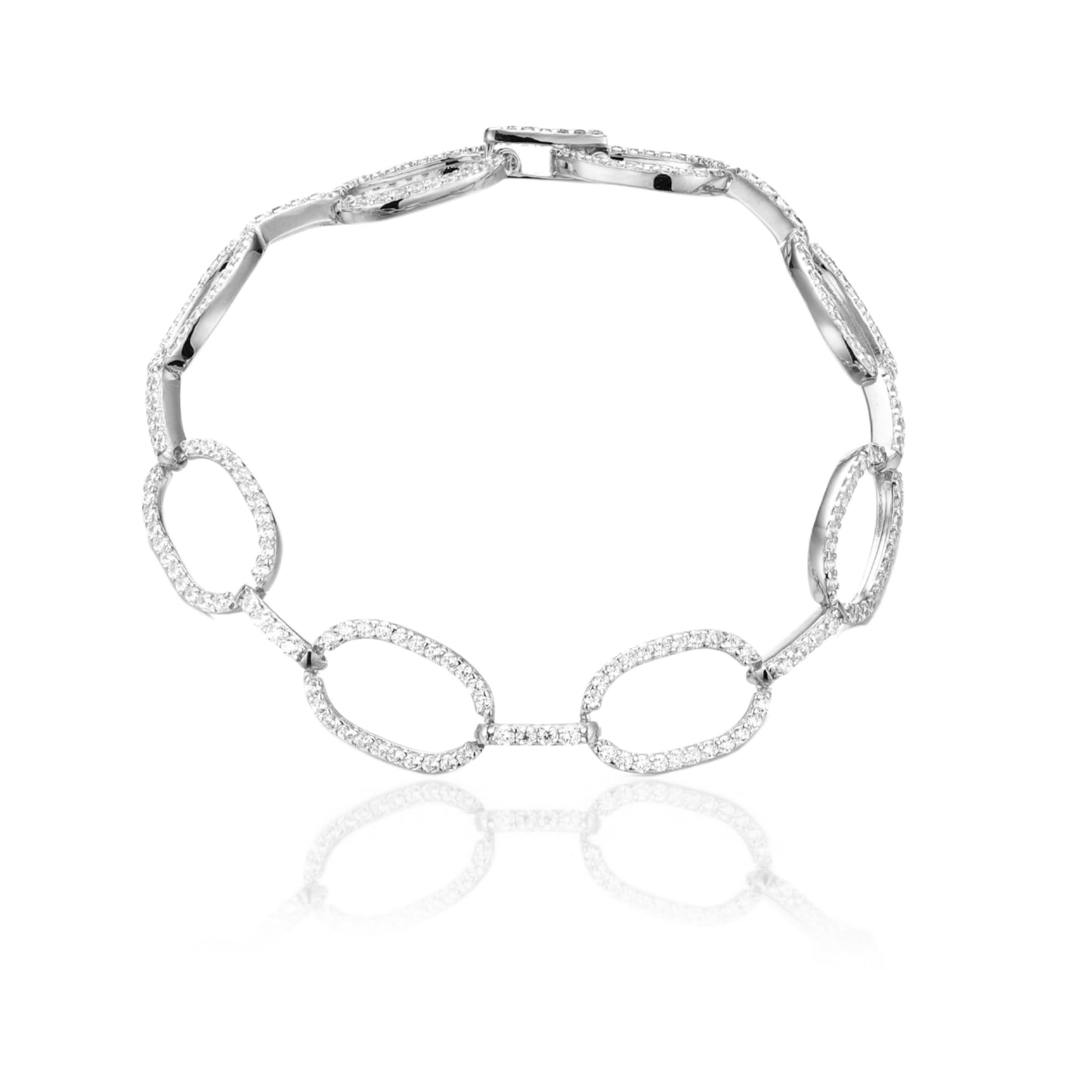 Rhodium or Gold-Plated Sterling Silver Micropave CZ Oval Link Bracelet