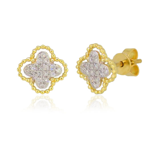 14K Gold Micropave Diamond Clover Stud Earring