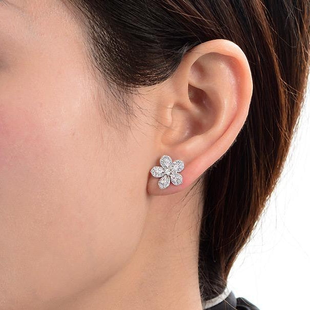 Rhodium Plated Sterling Silver 5 Petal Micropave Flower Stud Earrings