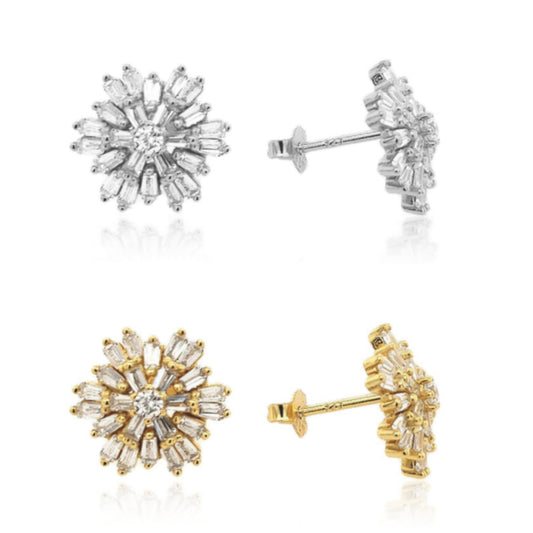 Sterling Silver Baguette Flower Stud Earrings