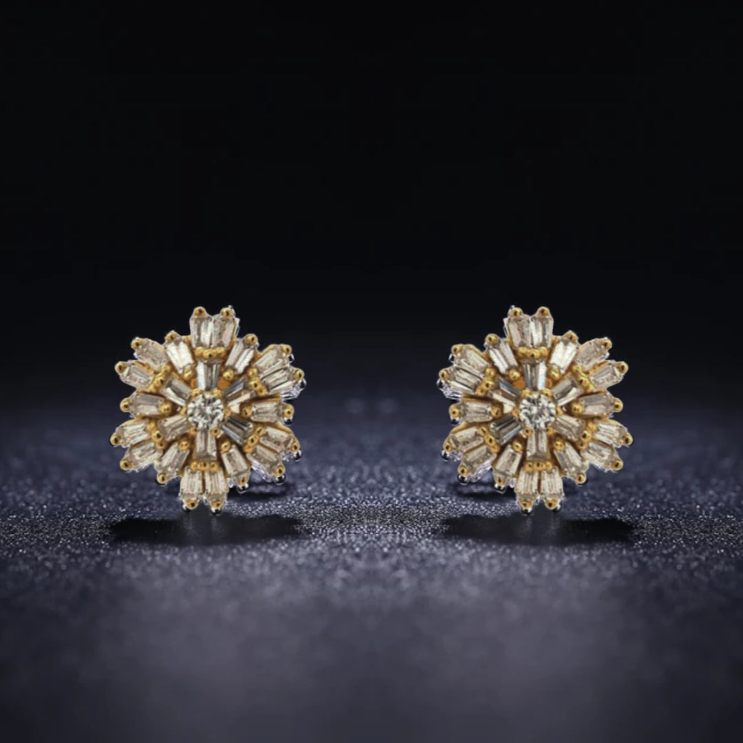 Sterling Silver Baguette Flower Stud Earrings