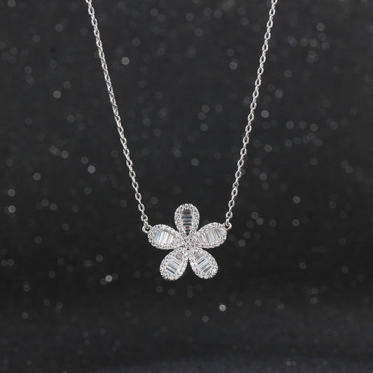Sterling Silver CZ Baguette Flower Necklace - HK Jewels