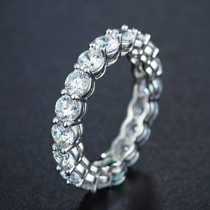 Rhodium Plated Sterling Silver Ring 4mm CZ Eternity Band Ring in Airline Setting