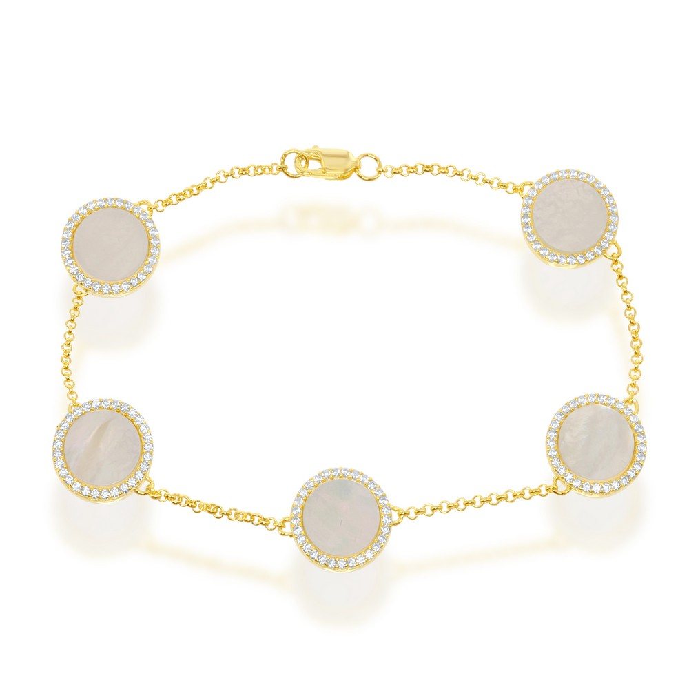 Gold Plated Sterling Silver Round MOP with CZ Border Bracelet - HK Jewels