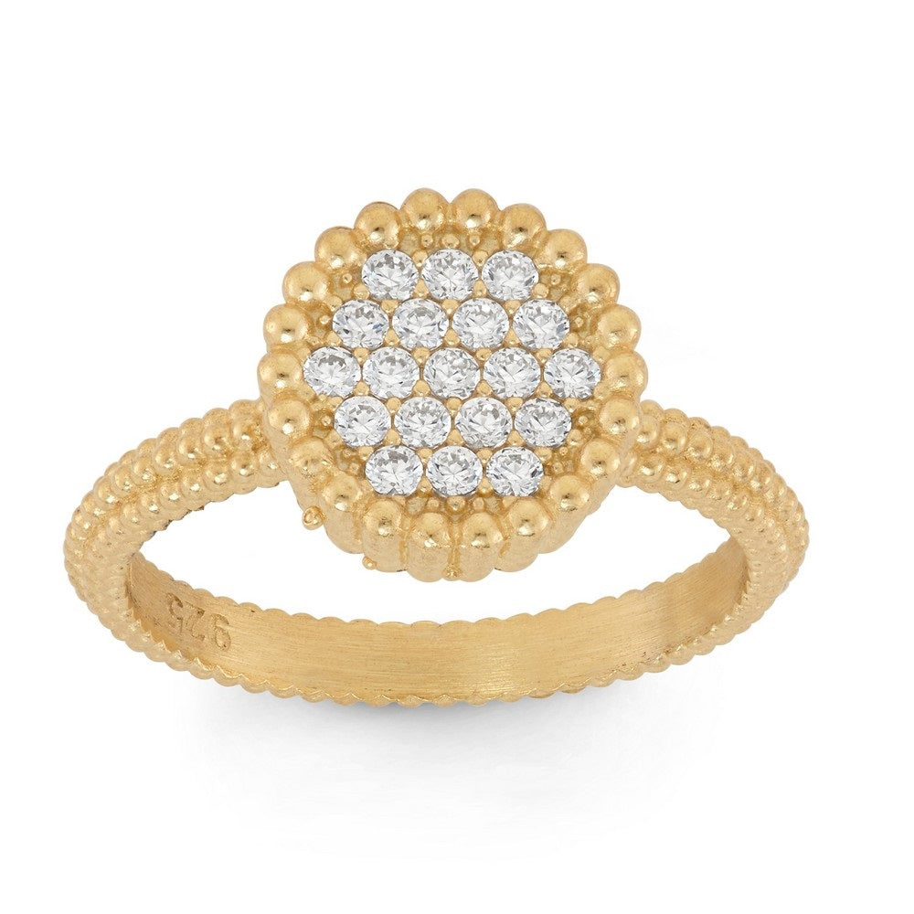 Sterling Silver GP Small Round CZ with Beaded Border Ring - HK Jewels