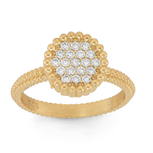 Sterling Silver GP Small Round CZ with Beaded Border Ring - HK Jewels