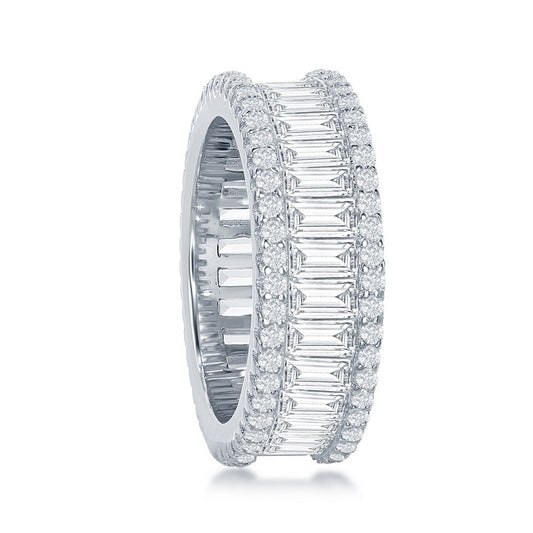 Sterling Silver Baguette CZ and Pave Border Band Ring - HK Jewels