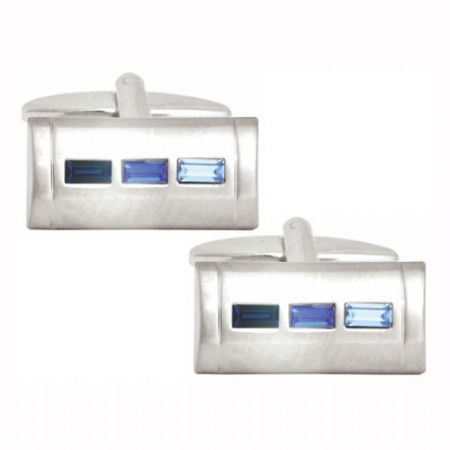 3 Blue Crystal Rectangle Rhodium Plated Cufflinks - HK Jewels