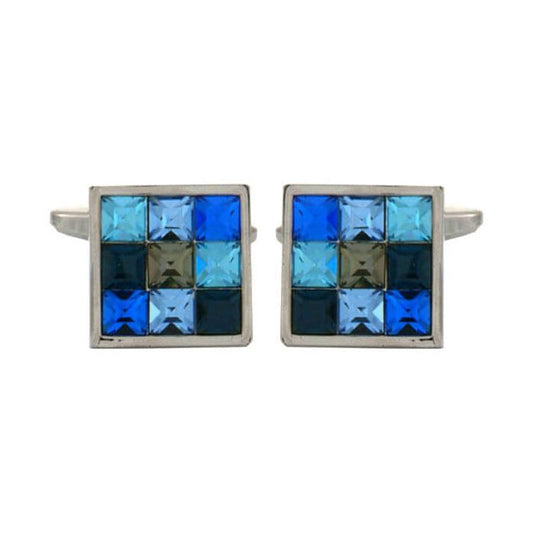Square Rhodium Plated Cufflinks with Blue Crystals - HK Jewels