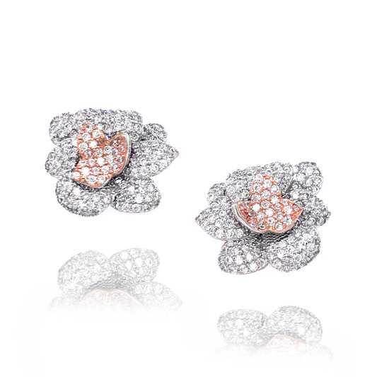 Sterling Silver Two Tone MicroPave Flower Studs - HK Jewels