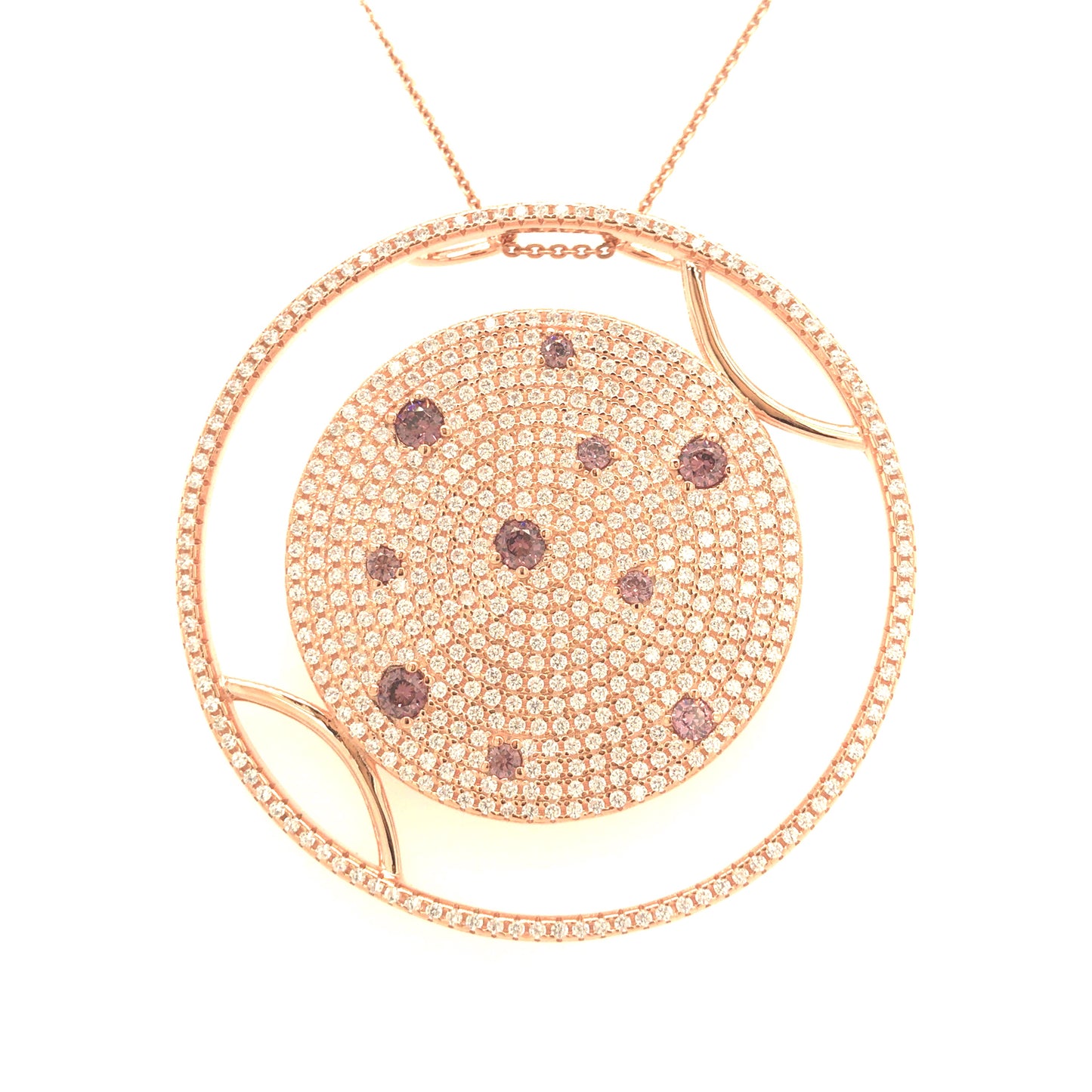 Sterling Silver Rose-Plated Large Round CZ Pendant - HK Jewels