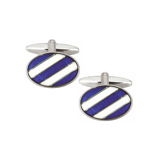 Rhodium Plated Blue and White Oval Cufflinks - HK Jewels