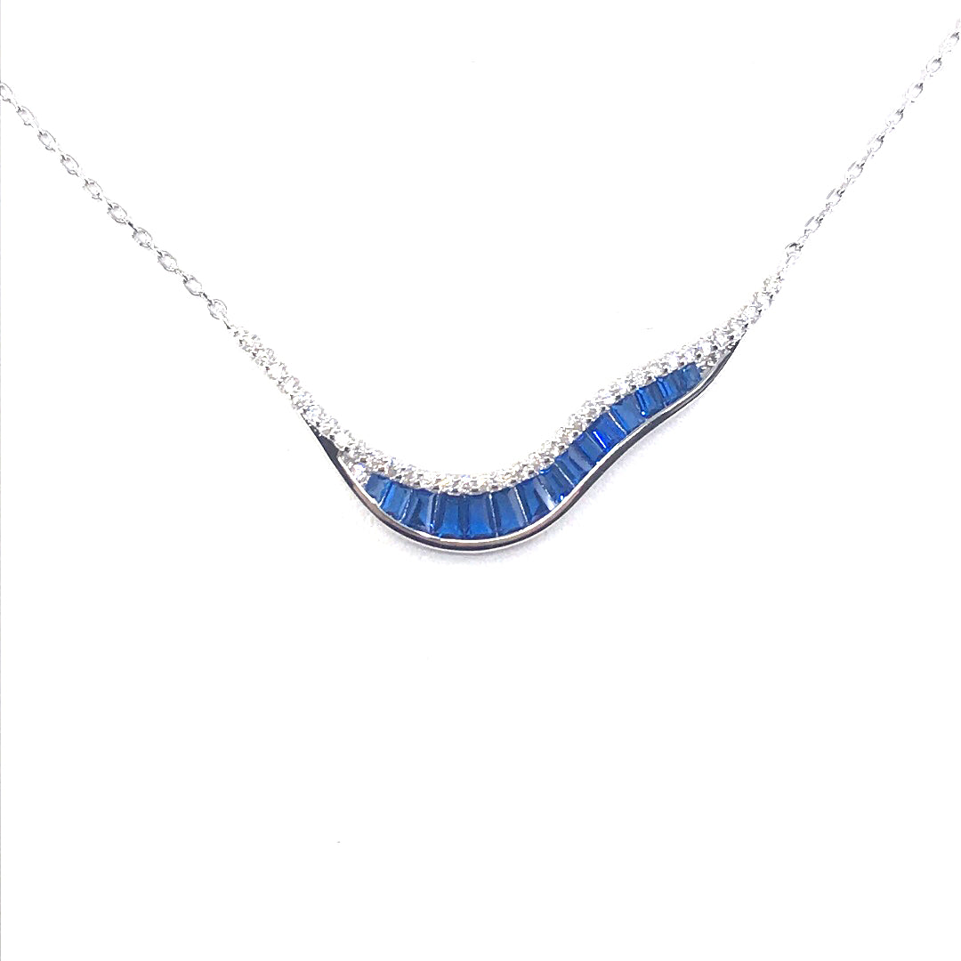 Sterling Silver Blue Wavy Bar Necklace - HK Jewels