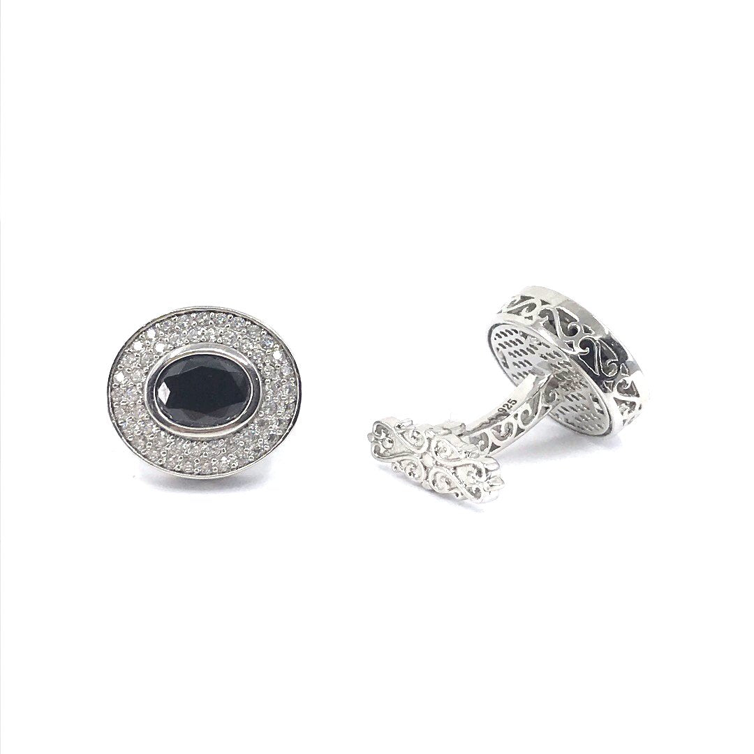Sterling Silver Black Oval Cufflinks With Two Row CZ Border - HK Jewels