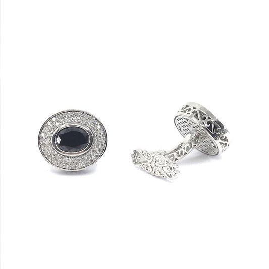 Sterling Silver Black Oval Cufflinks With Two Row CZ Border - HK Jewels