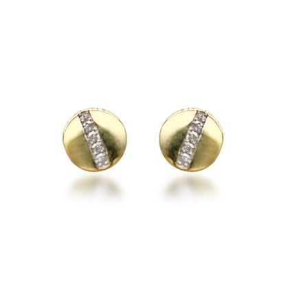 14K Gold Round With Diamond Strip Stud Earrings