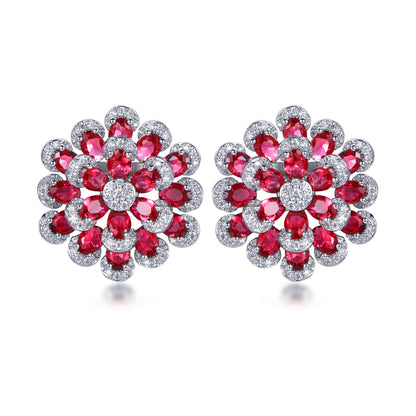 Rhodium Plated Sterling Silver Colorful Multi-Petal Flower and Micropave Stud Earrings