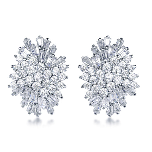 Rhodium Plated Sterling Silver Round and Baguette CZ Cluster Stud Earrings