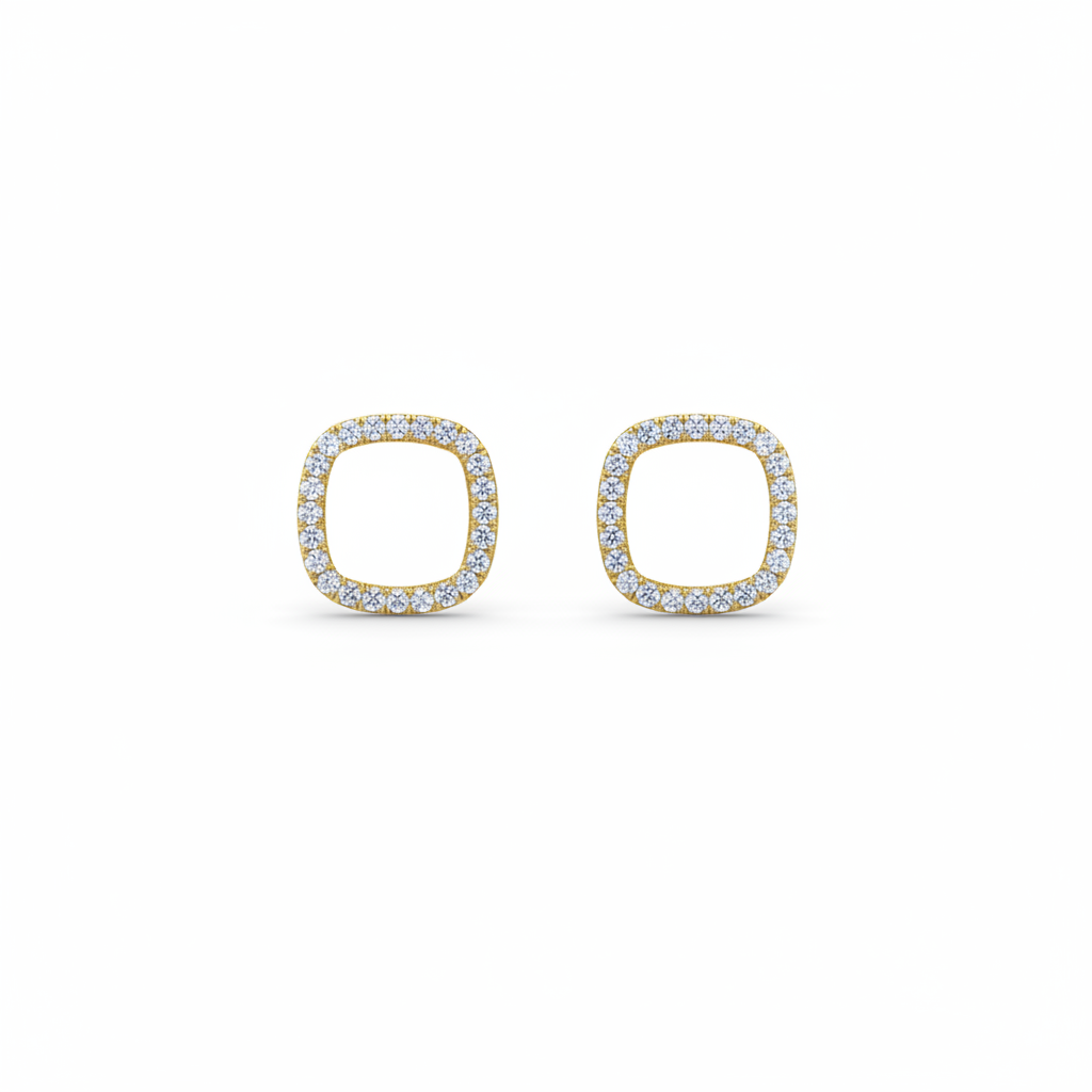 10K Gold Diamond Cushion Outline Stud Earrings