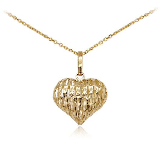 14k Gold Puffy Diamond Cut Heart Pendant Necklace