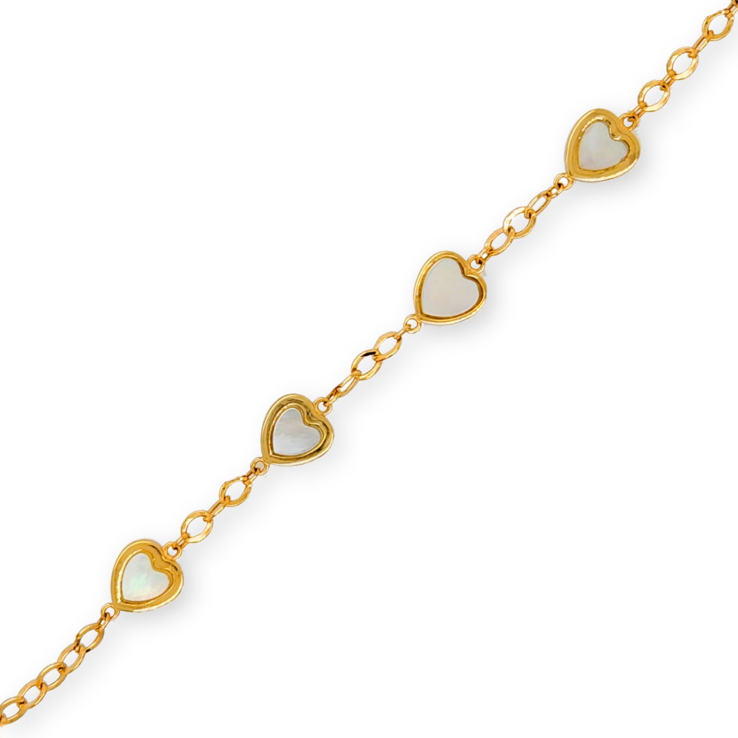14k Gold Mother of Pearl Hearts Children's Bracelet