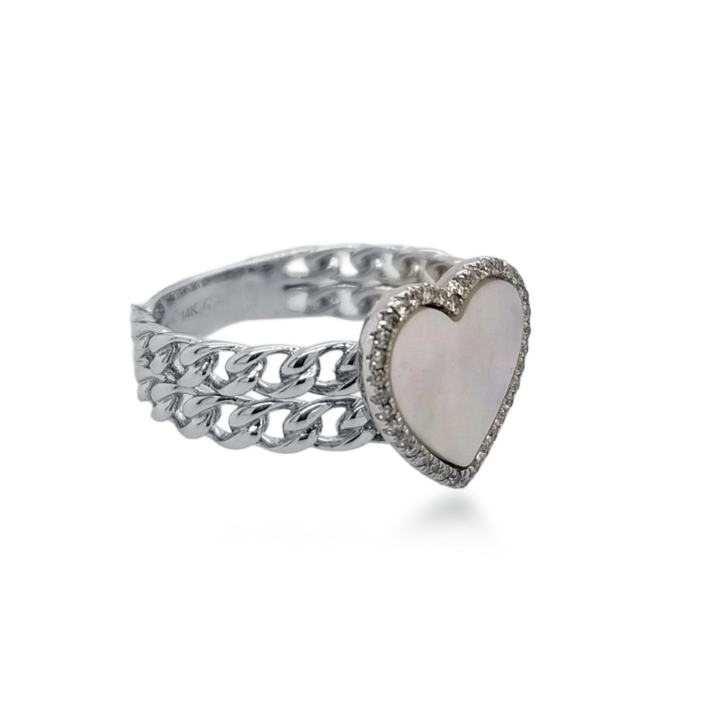 14K White Gold and Mother of Pearl With Diamond Heart Ring