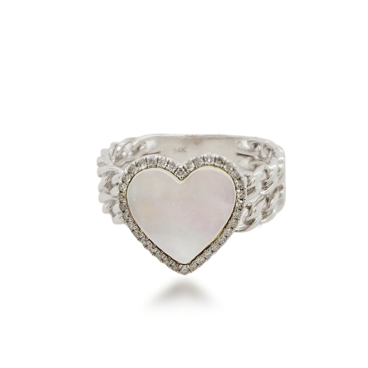 14K White Gold and Mother of Pearl With Diamond Heart Ring