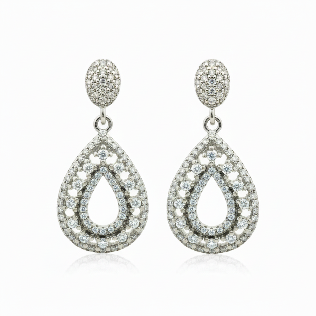 Rhodium Plated Sterling Silver Micropave CZ Teardrop Dangle Earrings