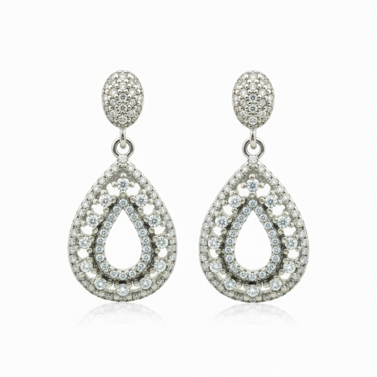 Rhodium Plated Sterling Silver Micropave CZ Teardrop Dangle Earrings