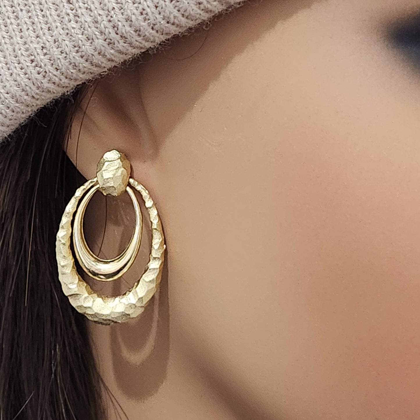 14K Gold Hammered Double Oval Earrings