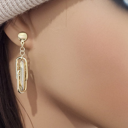14K Gold Dangling Brushed Interlocking Rectangles Diamond Cut Earrings