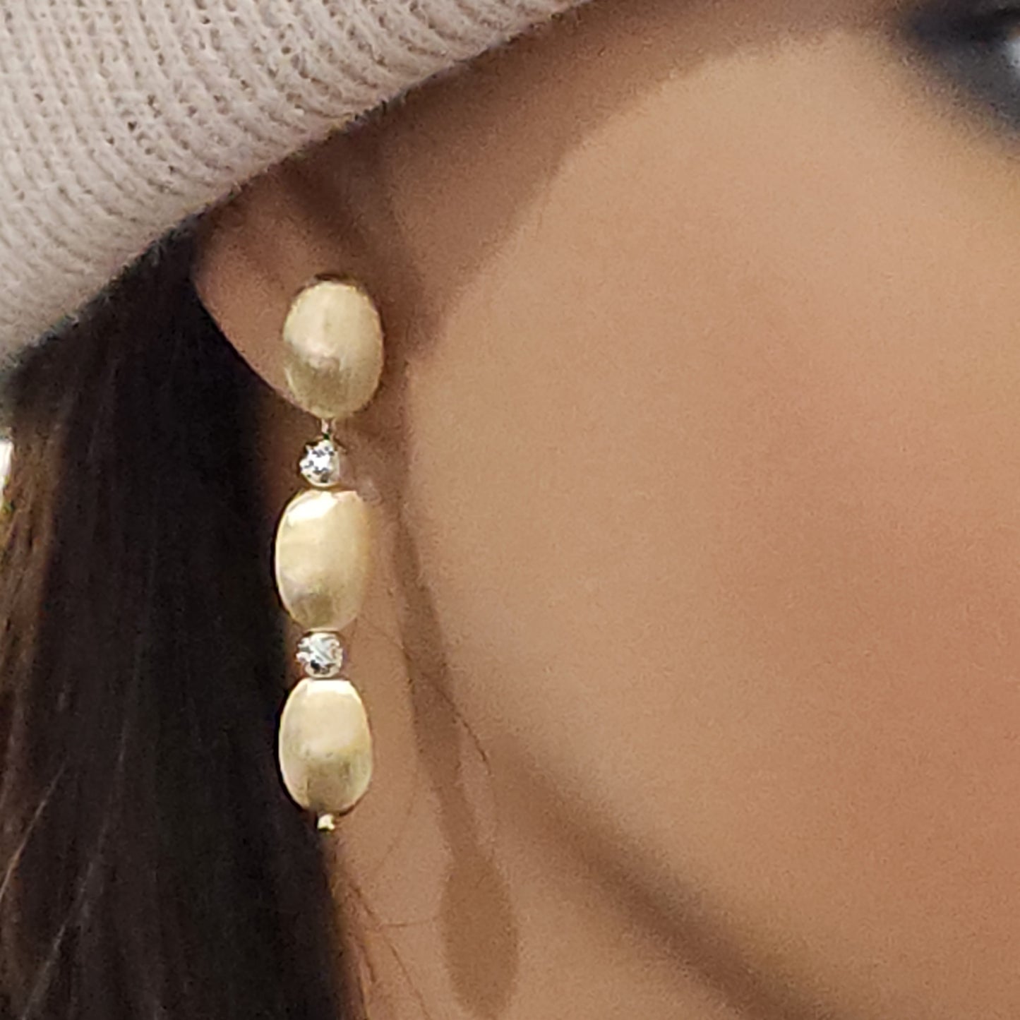 14K Brushed Gold Three Oval Diamond Cut  Earrings