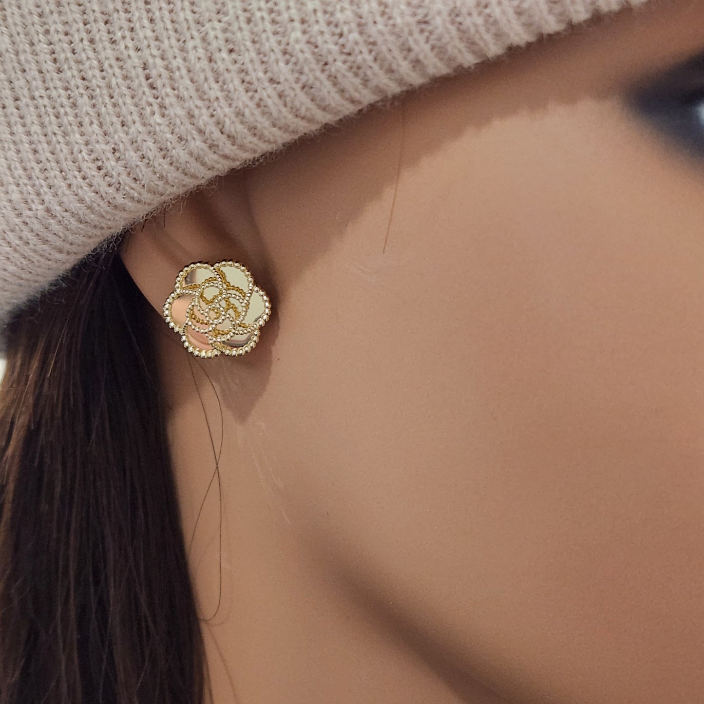 14K Gold Beaded Flower Stud Earrings