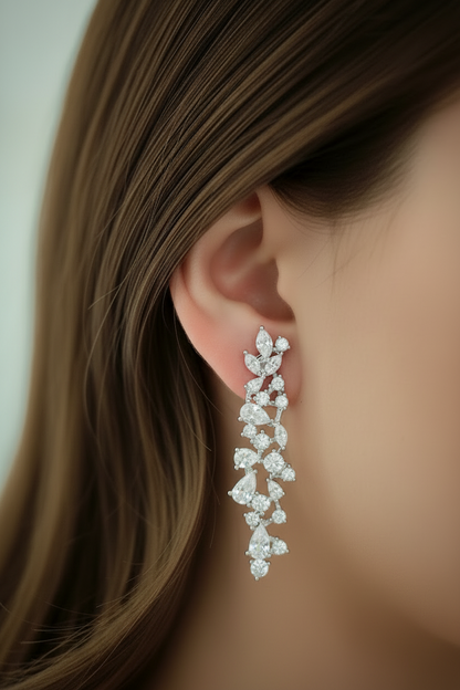 Rhodium Plated Sterling Silver Cascading Fancy Shape CZ Earrings - 1.5 Inches