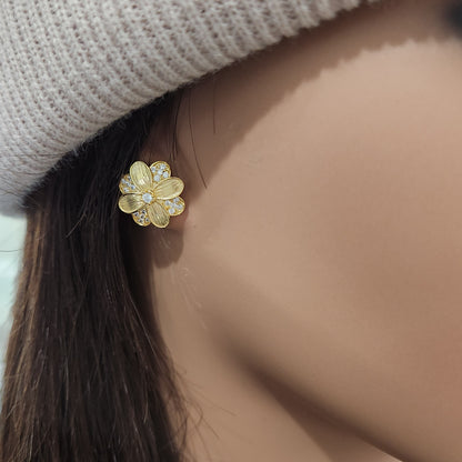 Sterling Silver Gold Plated Flower With CZ Stud Earring