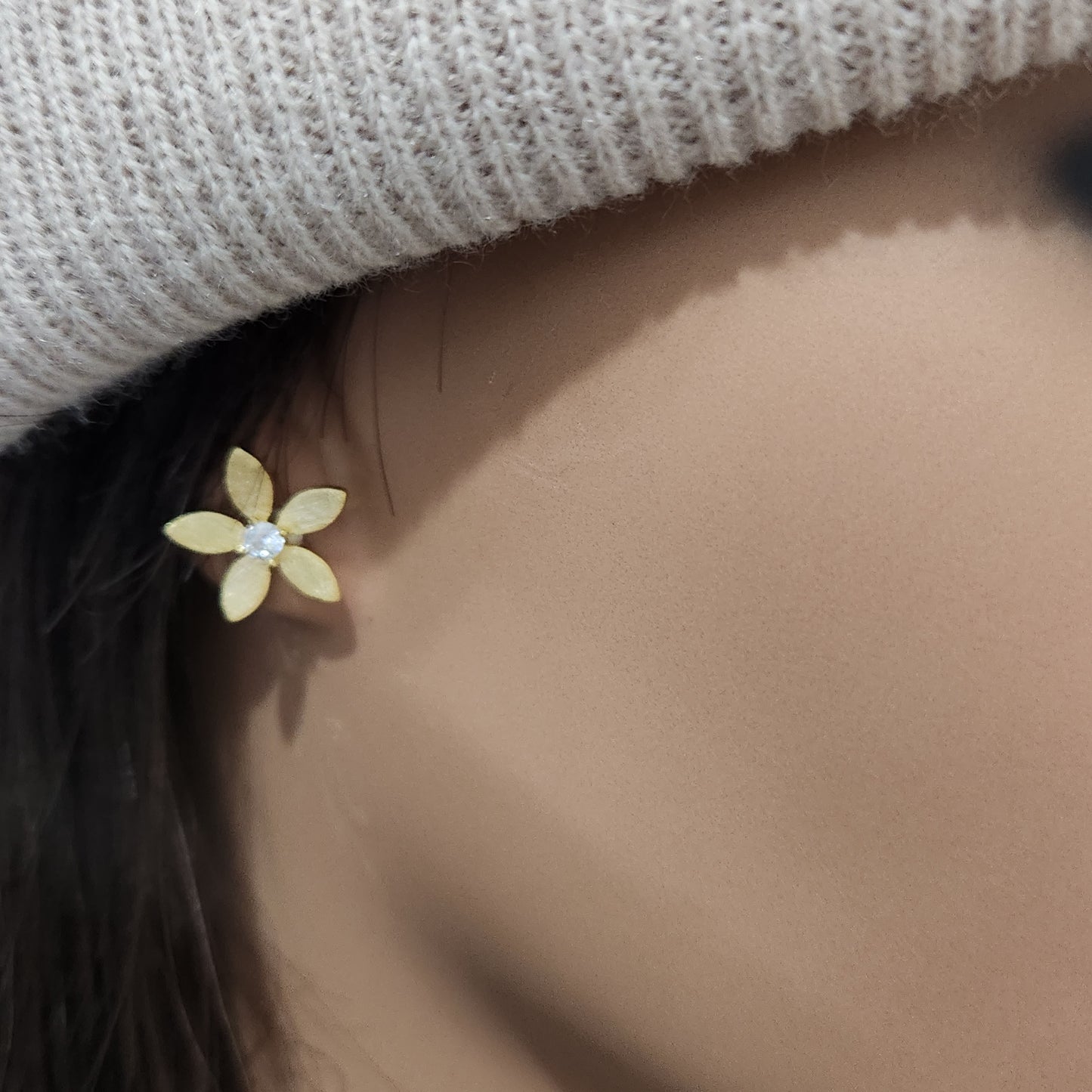 Sterling Silver Brushed Gold Plated Flower With Center CZ Stud Earring