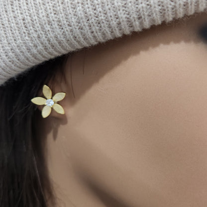 Sterling Silver Brushed Gold Plated Flower With Center CZ Stud Earring